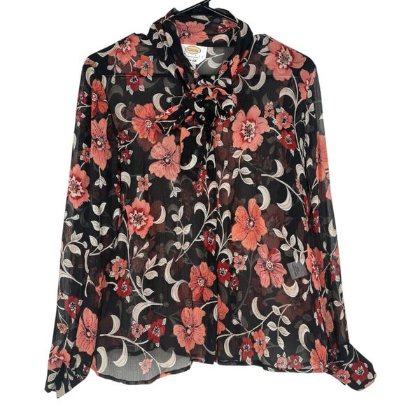 Vtg Talbots 100% Silk Floral Button Up Womens Sz 8 Tie Neck Breathable Sheer - Picture 1 of 8